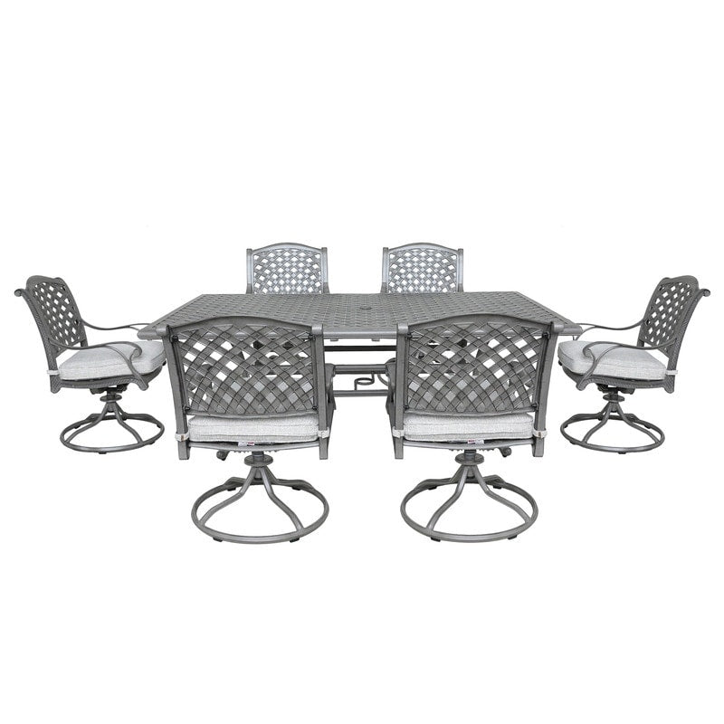 Ventura Cast Aluminum 7 Piece Rectangular Dining Set with 6 Swivel Rockers - N/A