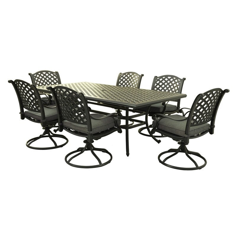 Ventura Cast Aluminum 7 Piece Rectangular Dining Set with 6 Swivel Rockers - N/A