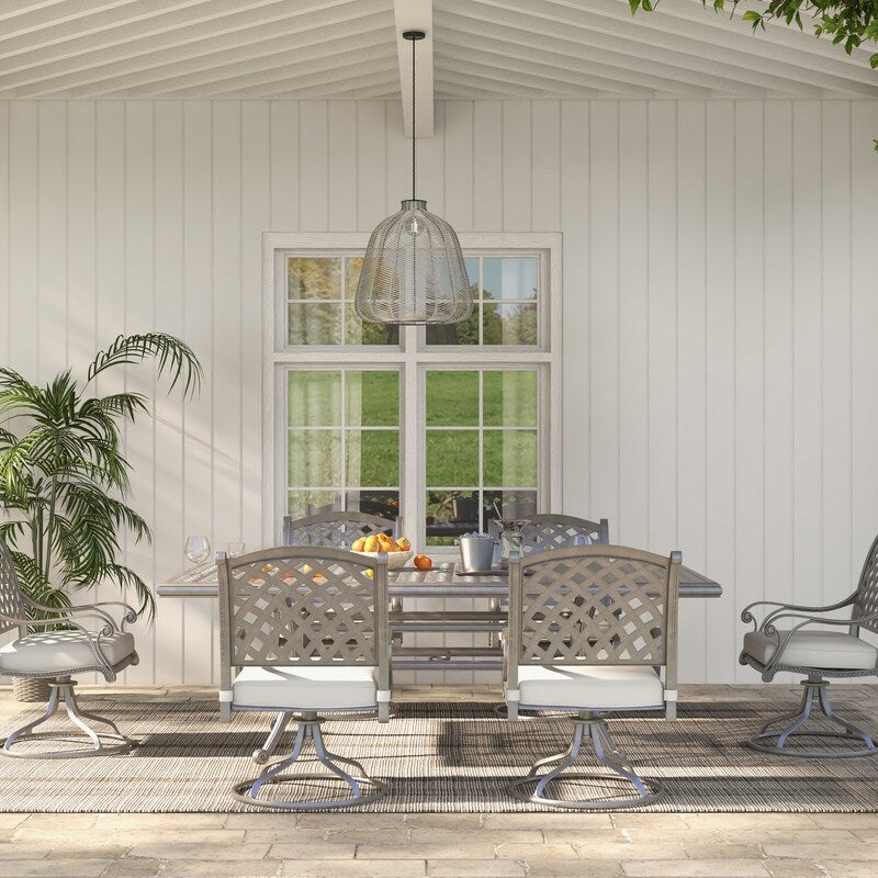 Ventura Cast Aluminum 7 Piece Rectangular Dining Set with 6 Swivel Rockers - N/A