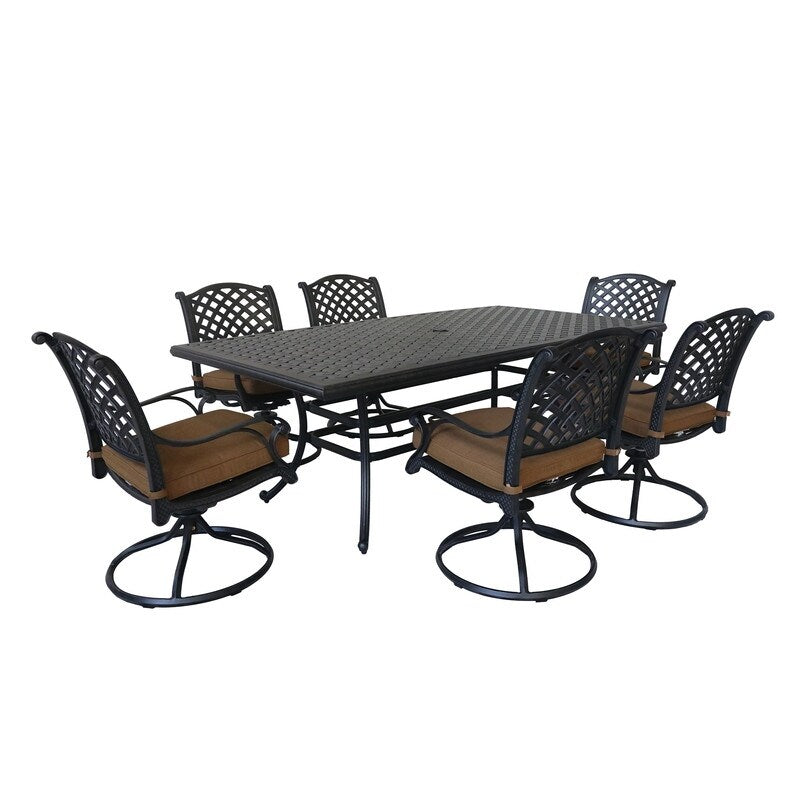 Ventura Cast Aluminum 7 Piece Rectangular Dining Set with 6 Swivel Rockers - N/A