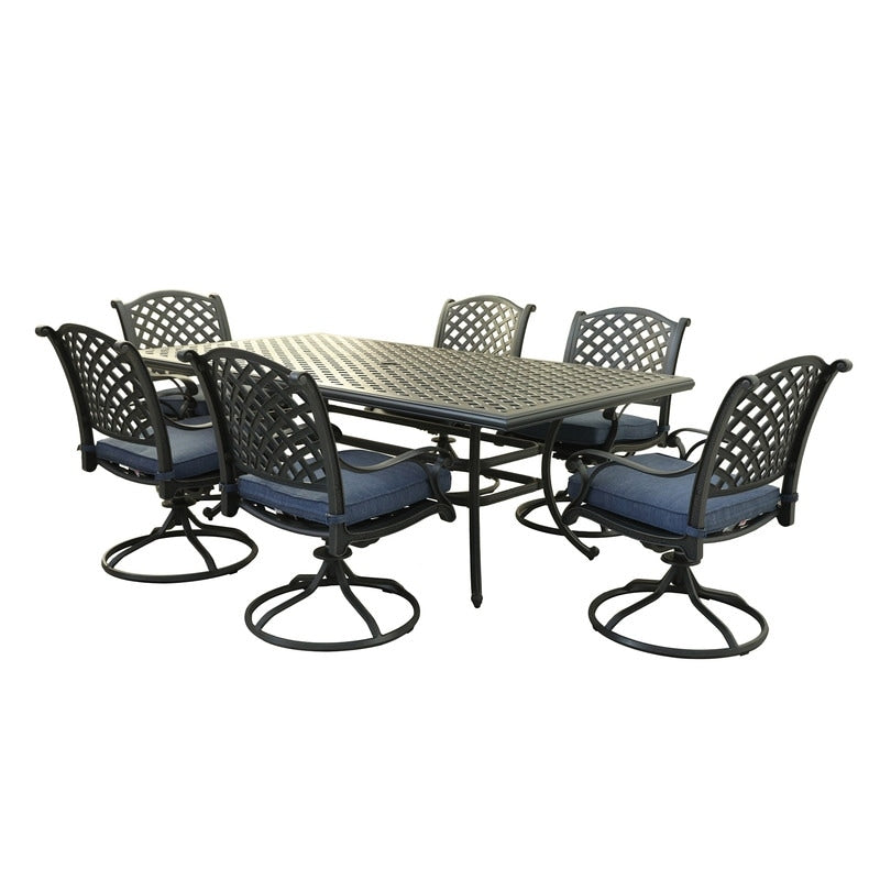 Ventura Cast Aluminum 7 Piece Rectangular Dining Set with 6 Swivel Rockers - N/A