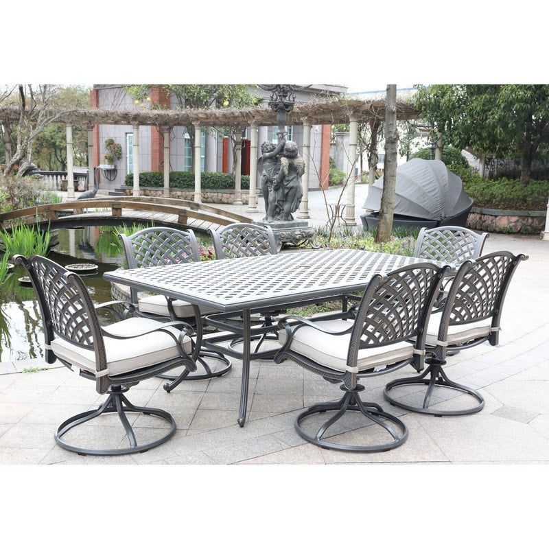 Ventura Cast Aluminum 7 Piece Rectangular Dining Set with 6 Swivel Rockers - N/A