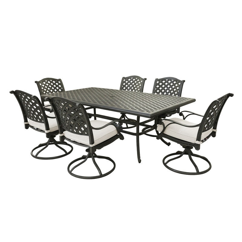 Ventura Cast Aluminum 7 Piece Rectangular Dining Set with 6 Swivel Rockers - N/A