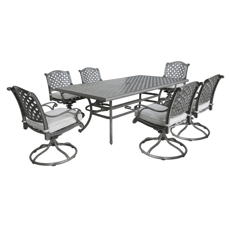 Ventura Cast Aluminum 7 Piece Rectangular Dining Set with 6 Swivel Rockers - N/A