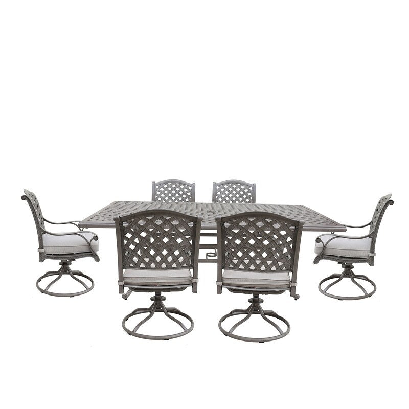 Ventura Cast Aluminum 7 Piece Rectangular Dining Set with 6 Swivel Rockers - N/A