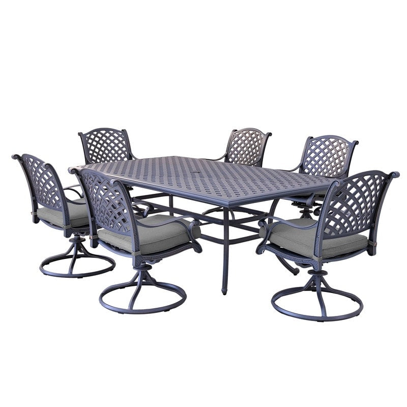 Ventura Cast Aluminum 7 Piece Rectangular Dining Set with 6 Swivel Rockers - N/A