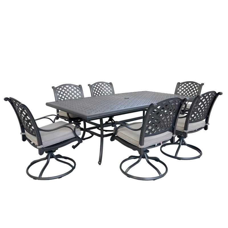Ventura Cast Aluminum 7 Piece Rectangular Dining Set with 6 Swivel Rockers - N/A