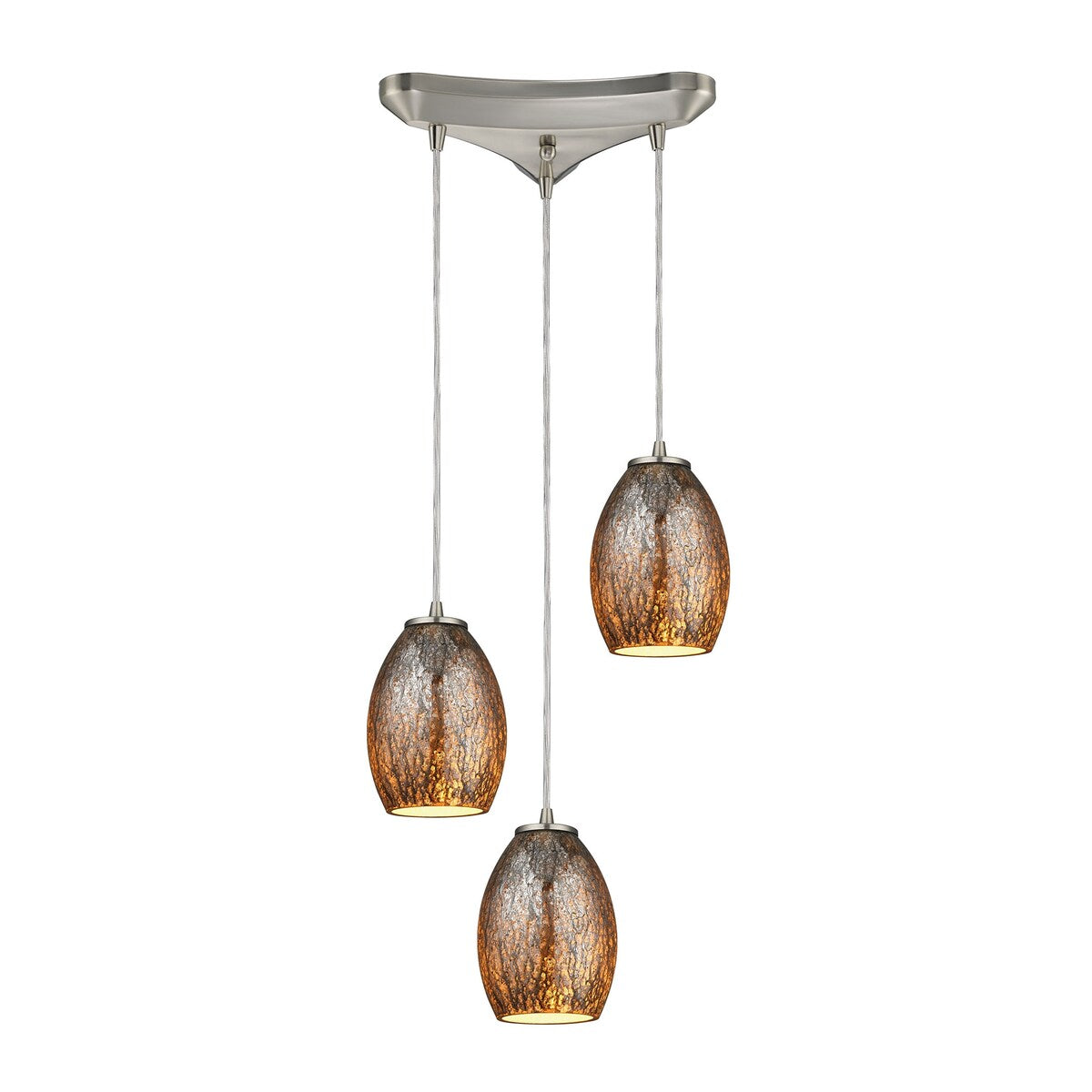 Venture 3-Light Triangular Pendant Fixture in Satin Nickel with Amber Crackle Glass