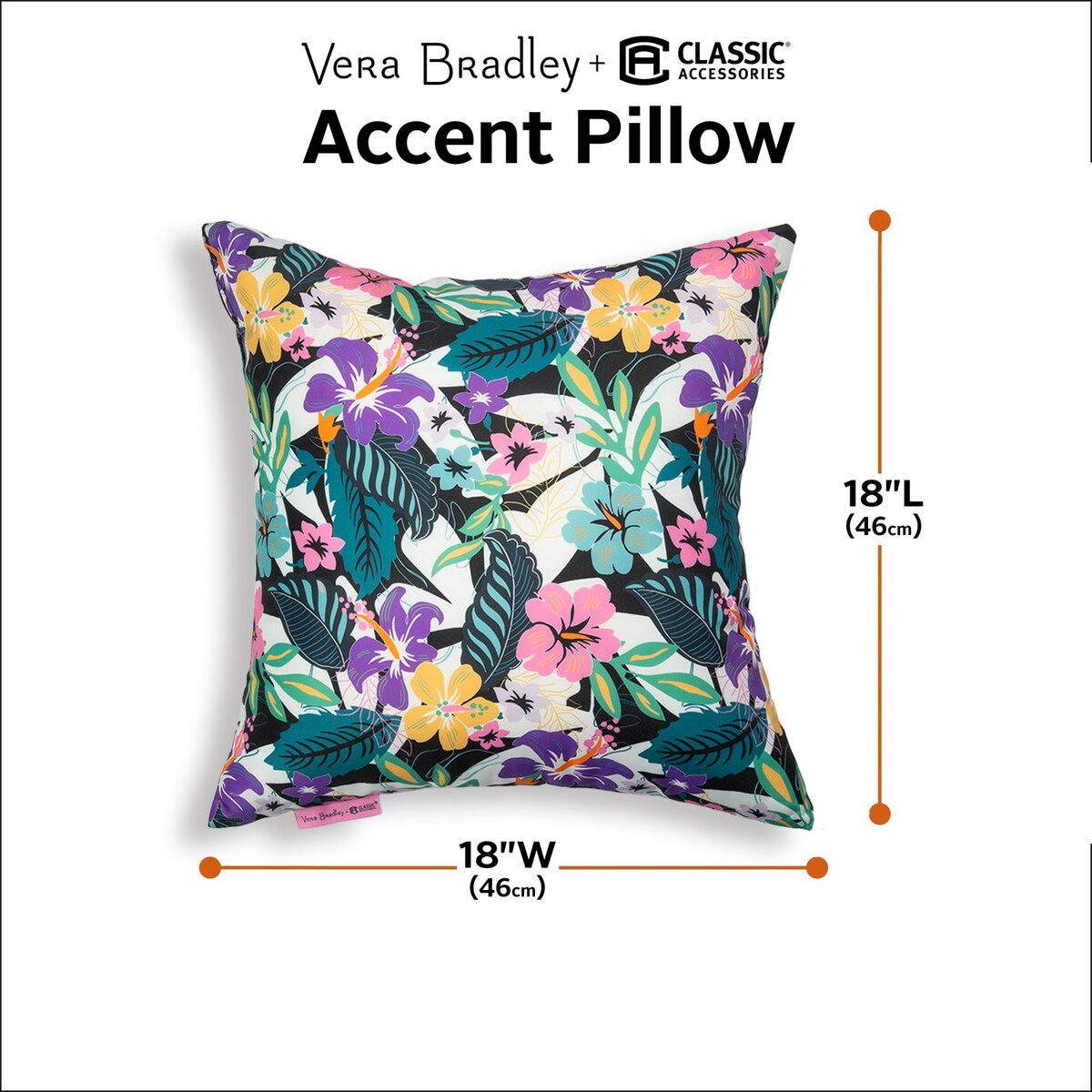 Vera Bradley by Classic Accessories Water-Resistant Accent Pillows, 18 x 18 x 8 Inch, 2 Pack
