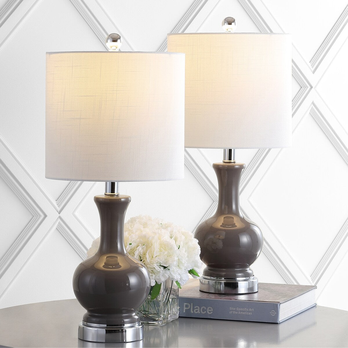 Vermont 22" Glass/Metal LED Table Lamp, White (Set of 2) by JONATHAN Y