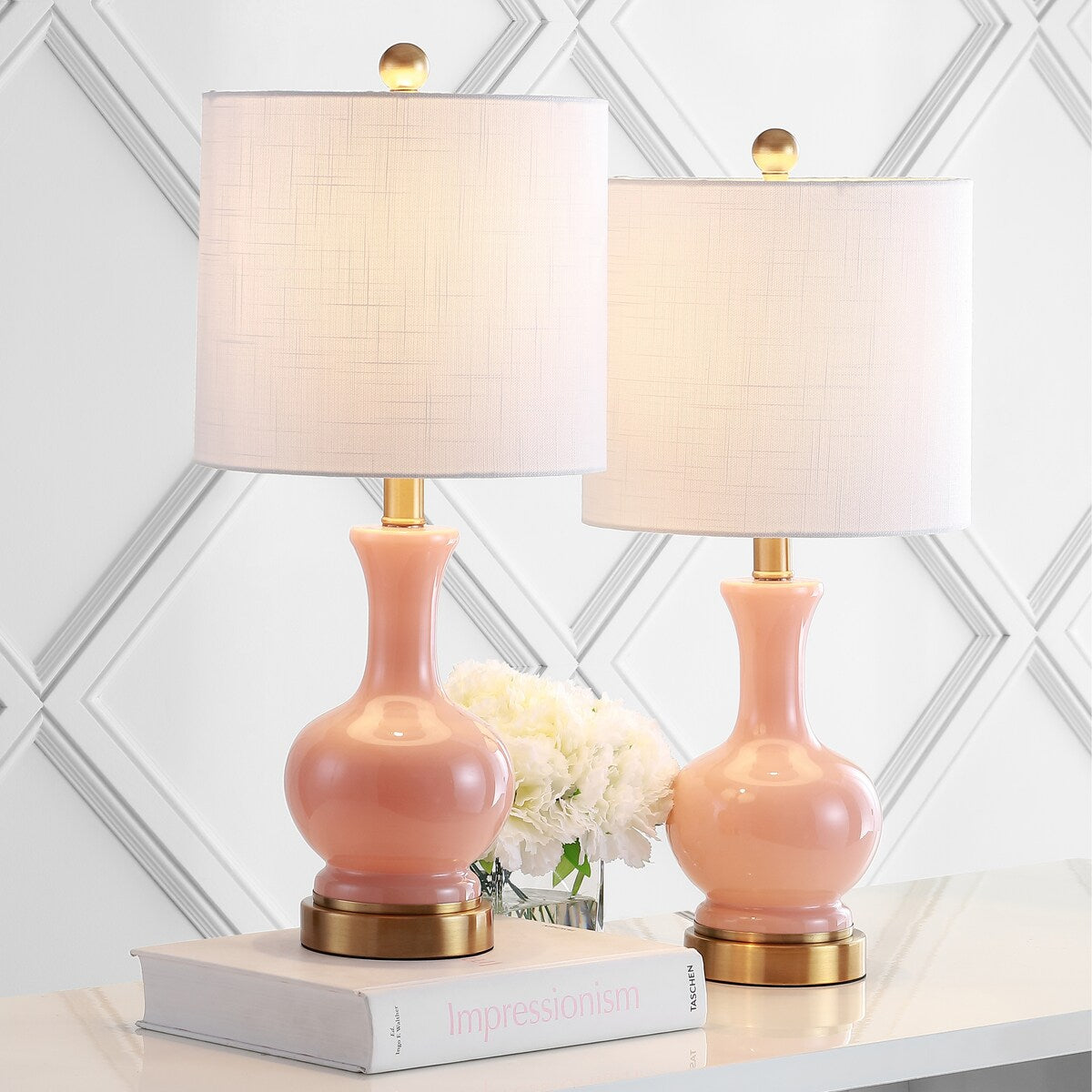 Vermont 22" Glass/Metal LED Table Lamp, White (Set of 2) by JONATHAN Y