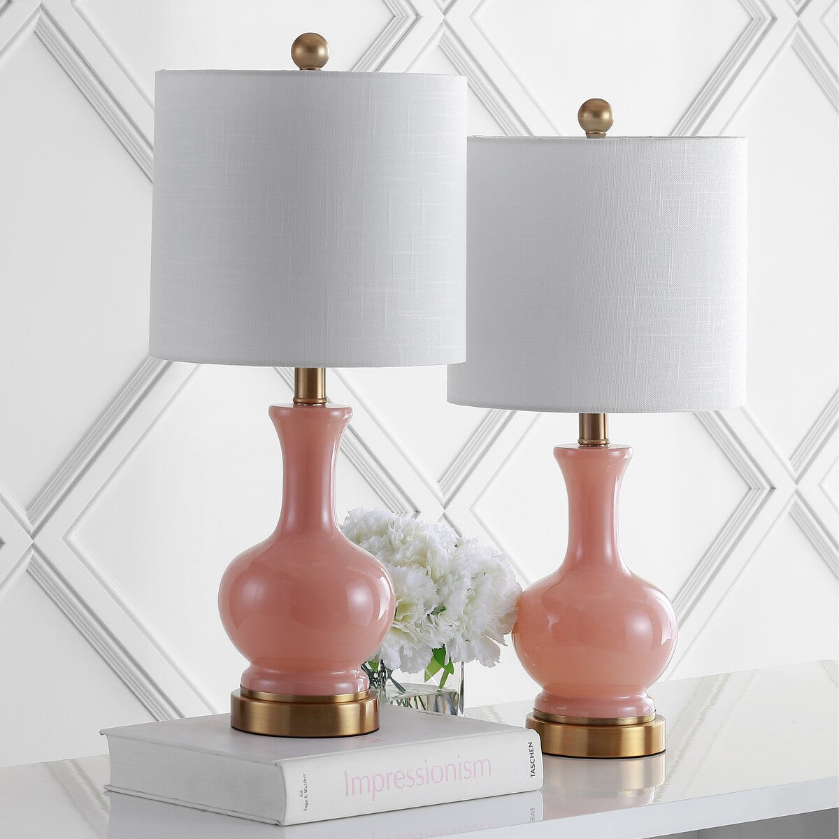 Vermont 22" Glass/Metal LED Table Lamp, White (Set of 2) by JONATHAN Y