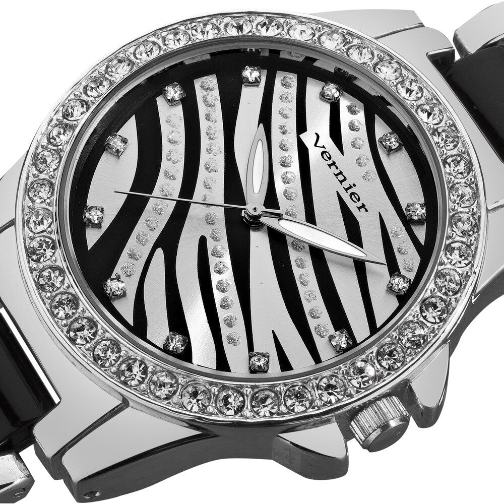 Vernier Ladies Fashion Zebra Print Genuine Crystal Stones Bracelet Watch