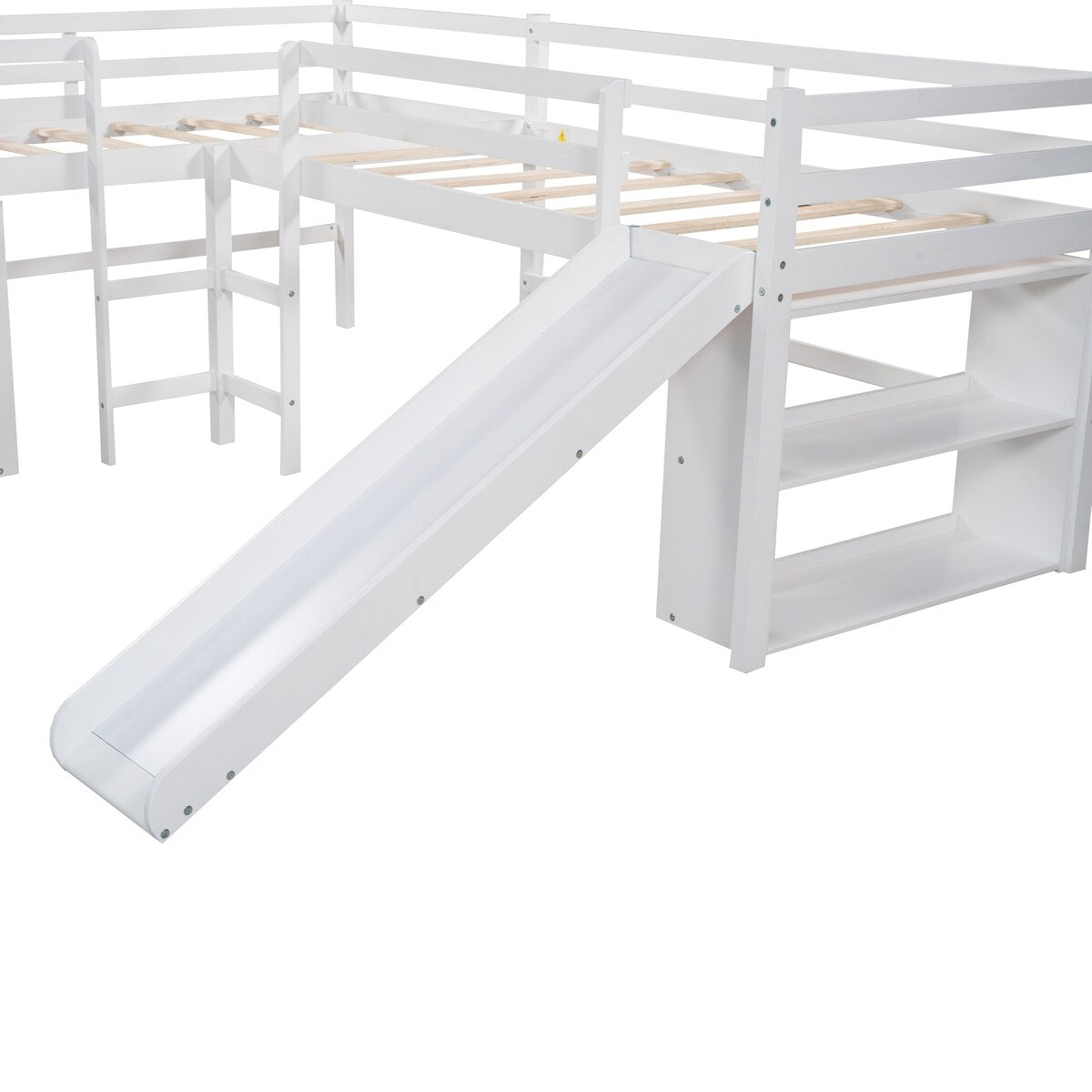 Versatile Mission Style Twin Size L-Shaped Loft Bed with Movable Each Side 2-Tier Shelves and Slide, White