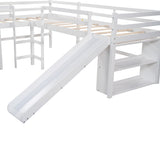 Versatile Mission Style Twin Size L-Shaped Loft Bed with Movable Each Side 2-Tier Shelves and Slide, White