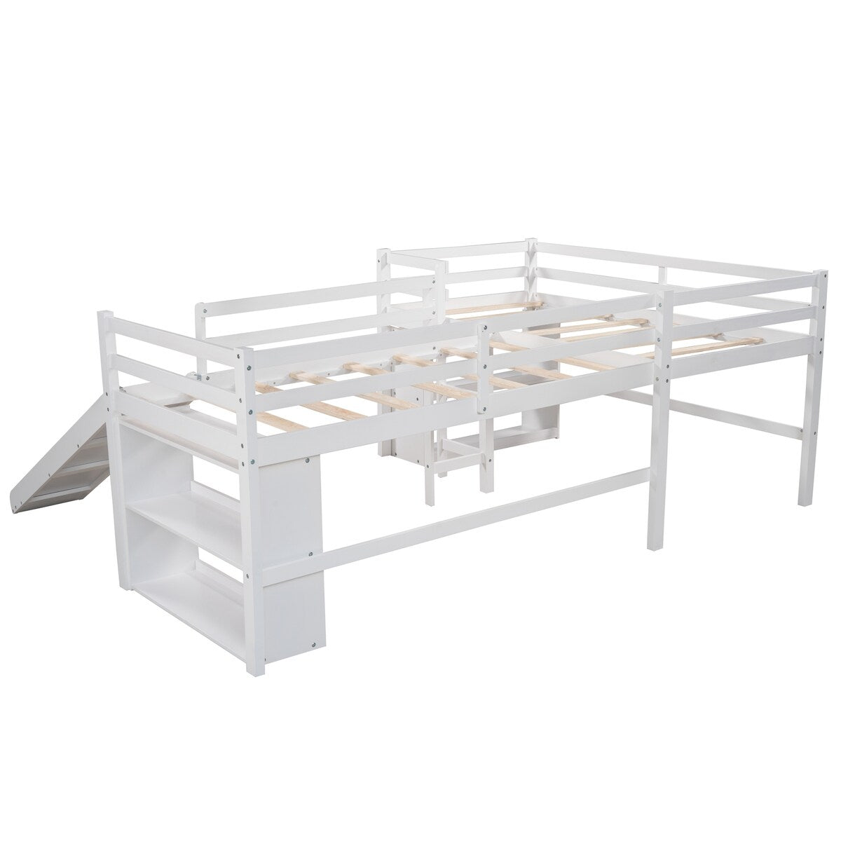 Versatile Mission Style Twin Size L-Shaped Loft Bed with Movable Each Side 2-Tier Shelves and Slide, White