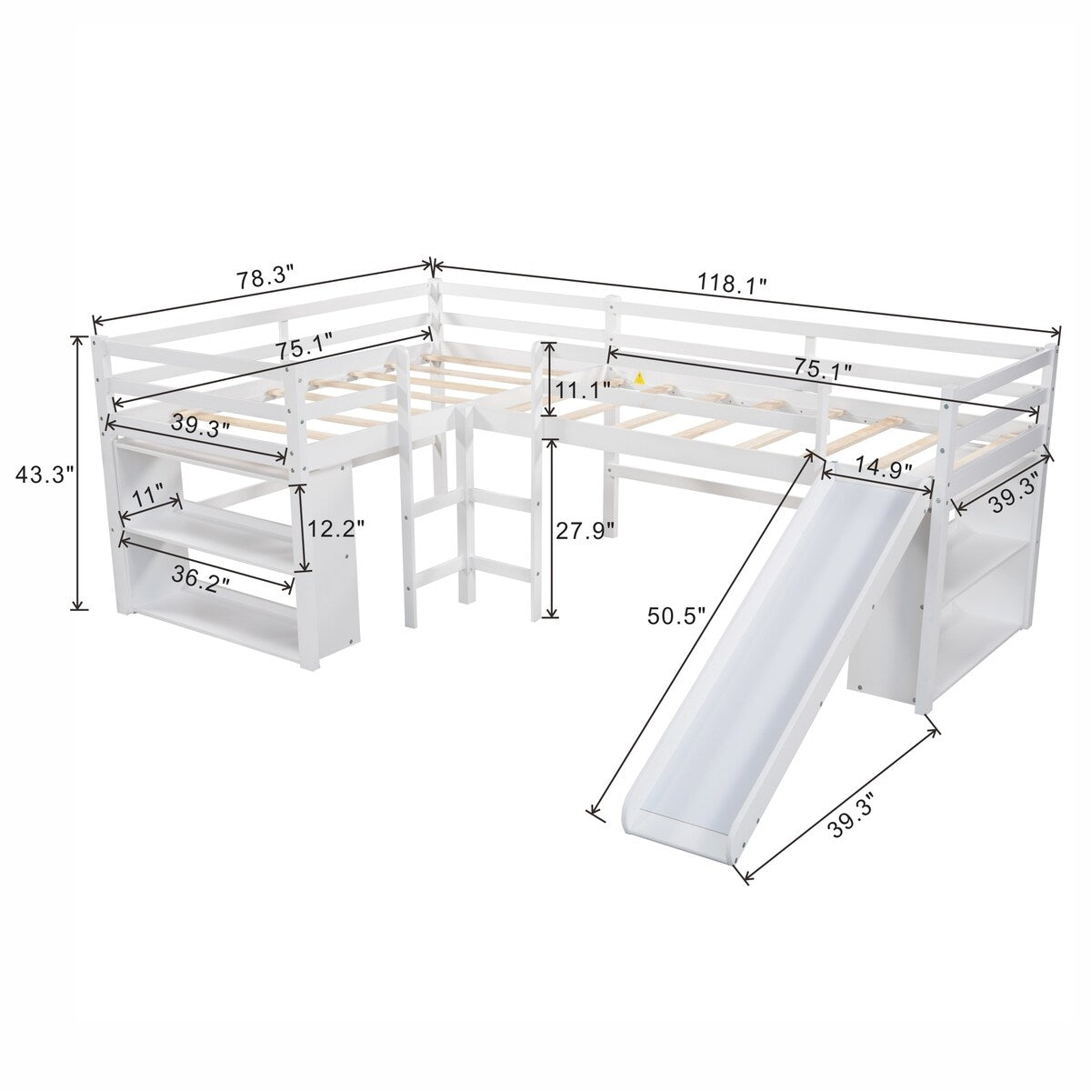 Versatile Mission Style Twin Size L-Shaped Loft Bed with Movable Each Side 2-Tier Shelves and Slide, White