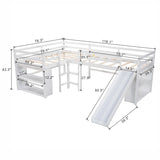 Versatile Mission Style Twin Size L-Shaped Loft Bed with Movable Each Side 2-Tier Shelves and Slide, White