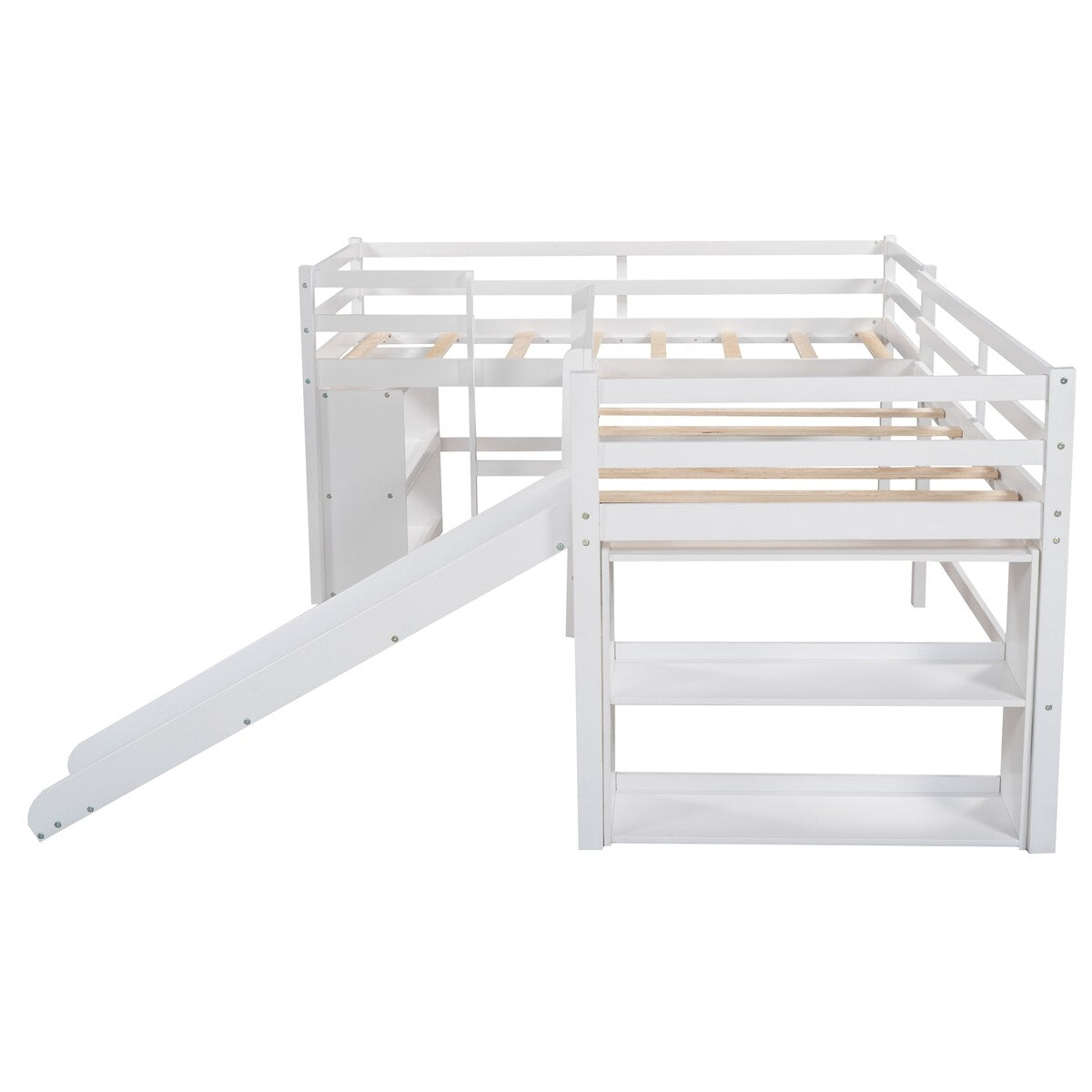 Versatile Mission Style Twin Size L-Shaped Loft Bed with Movable Each Side 2-Tier Shelves and Slide, White