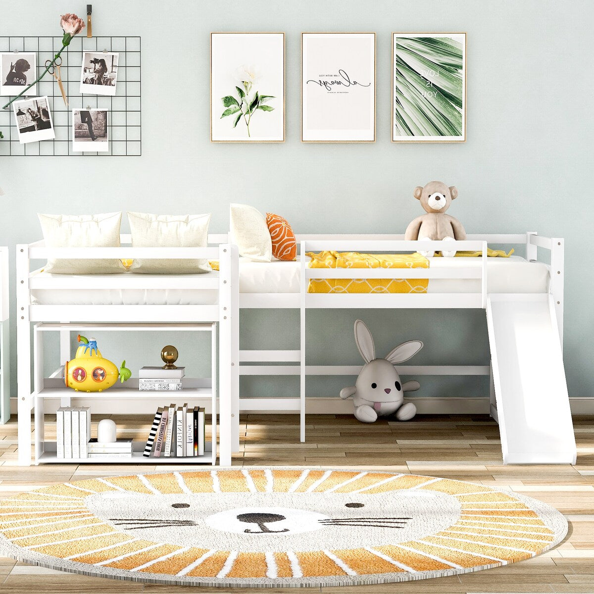 Versatile Mission Style Twin Size L-Shaped Loft Bed with Movable Each Side 2-Tier Shelves and Slide, White