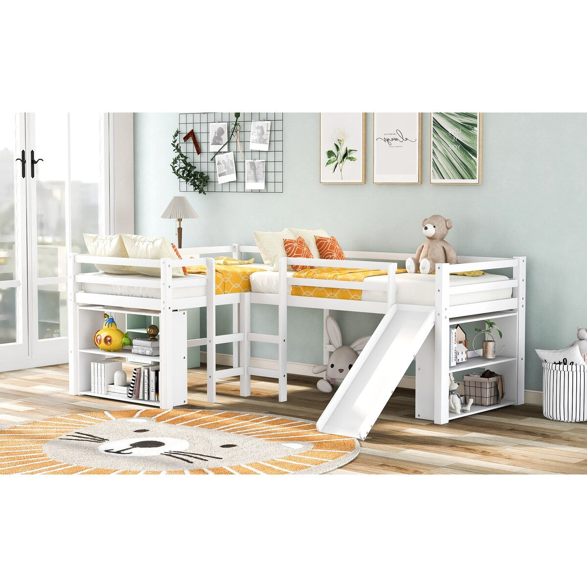 Versatile Mission Style Twin Size L-Shaped Loft Bed with Movable Each Side 2-Tier Shelves and Slide, White