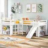 Versatile Mission Style Twin Size L-Shaped Loft Bed with Movable Each Side 2-Tier Shelves and Slide, White