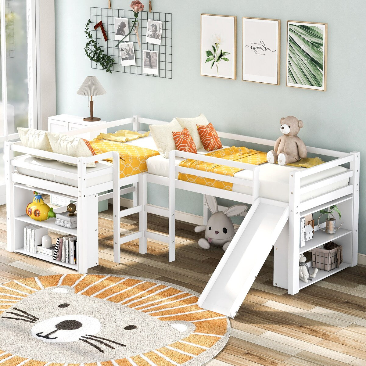 Versatile Mission Style Twin Size L-Shaped Loft Bed with Movable Each Side 2-Tier Shelves and Slide, White
