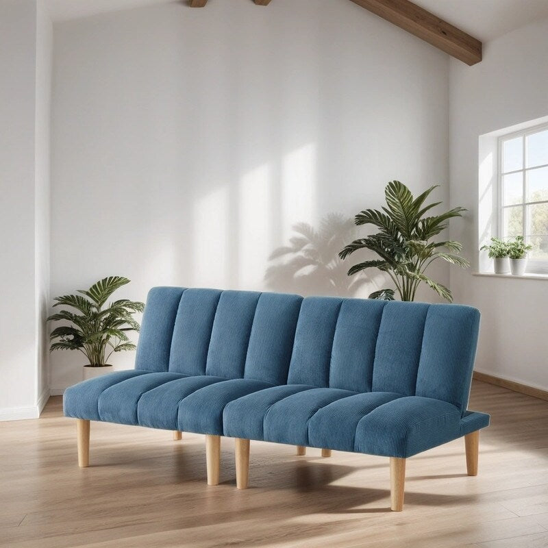 Versatility Corduroy Fabric Wooden Legs Convertible Sofa Bed, Blue