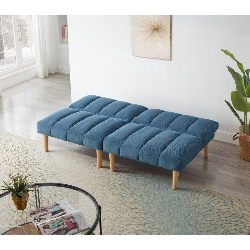 Versatility Corduroy Fabric Wooden Legs Convertible Sofa Bed, Blue