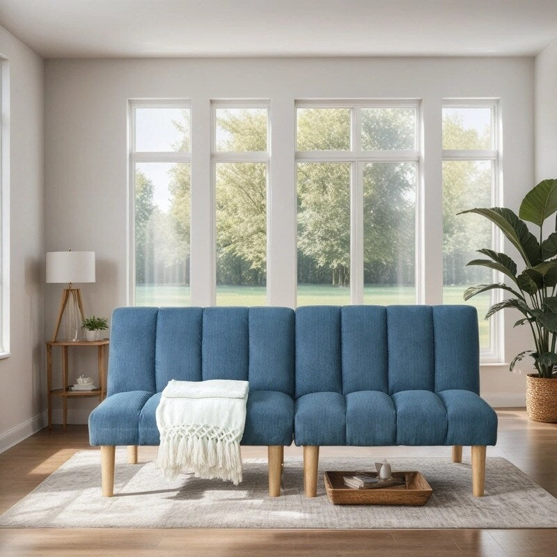 Versatility Corduroy Fabric Wooden Legs Convertible Sofa Bed, Blue