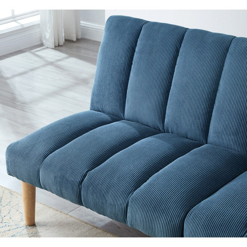 Versatility Corduroy Fabric Wooden Legs Convertible Sofa Bed, Blue