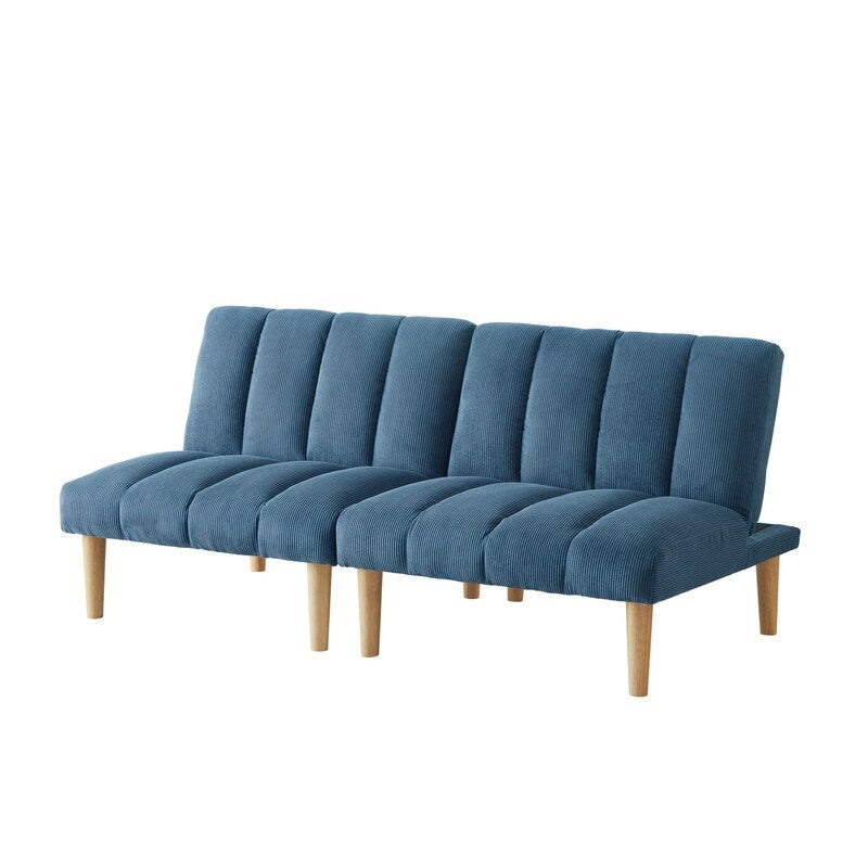 Versatility Corduroy Fabric Wooden Legs Convertible Sofa Bed, Blue