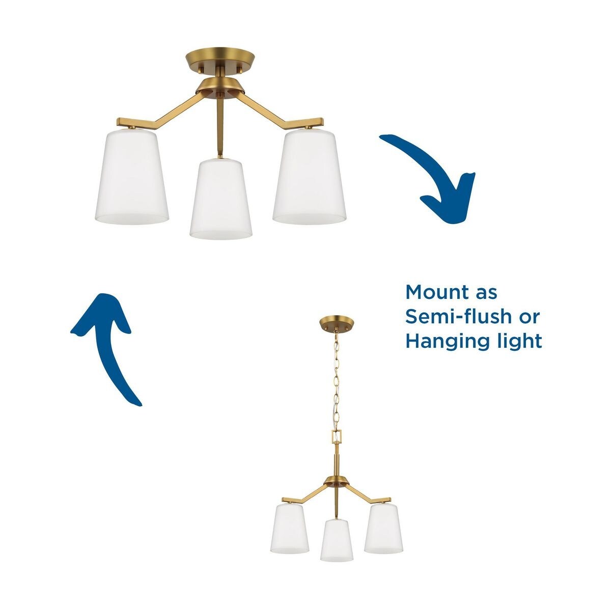 Vertex Collection Three-Light Brushed Gold Etched White Contemporary Convertible Chandelier - 18 in x 18 in x 16.75 in