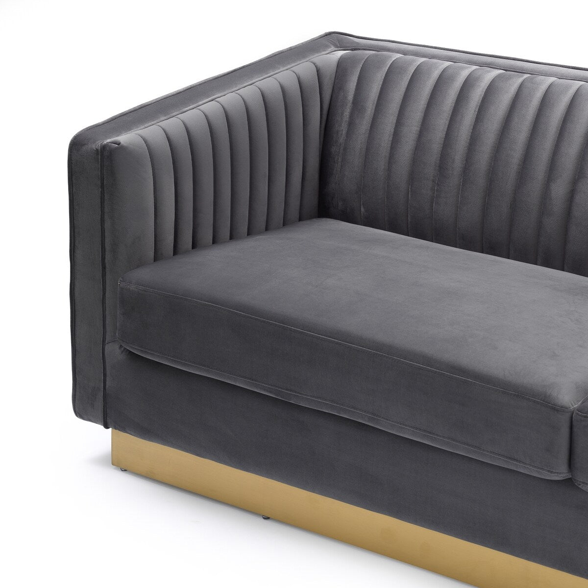 Vertical Channel Tufted Fabric Sofa with Plinth Base, Gray and Gold