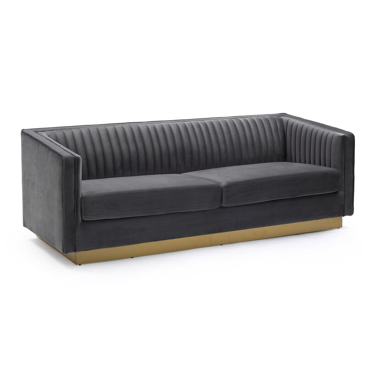 Vertical Channel Tufted Fabric Sofa with Plinth Base, Gray and Gold