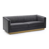 Vertical Channel Tufted Fabric Sofa with Plinth Base, Gray and Gold
