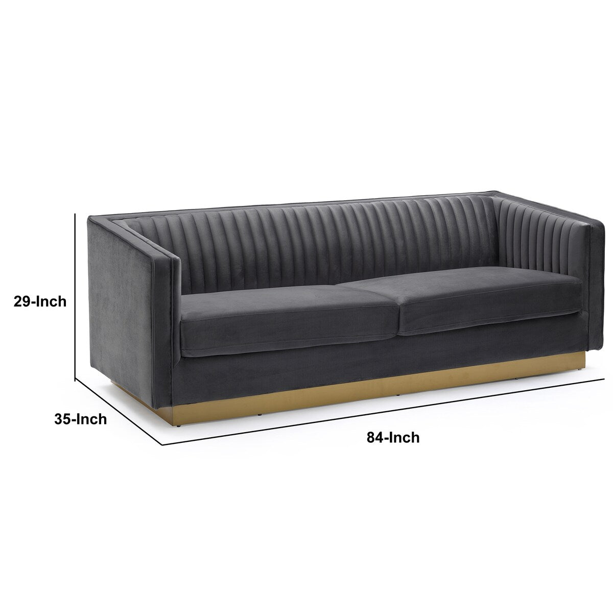 Vertical Channel Tufted Fabric Sofa with Plinth Base, Gray and Gold