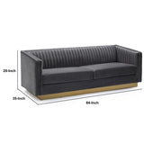 Vertical Channel Tufted Fabric Sofa with Plinth Base, Gray and Gold