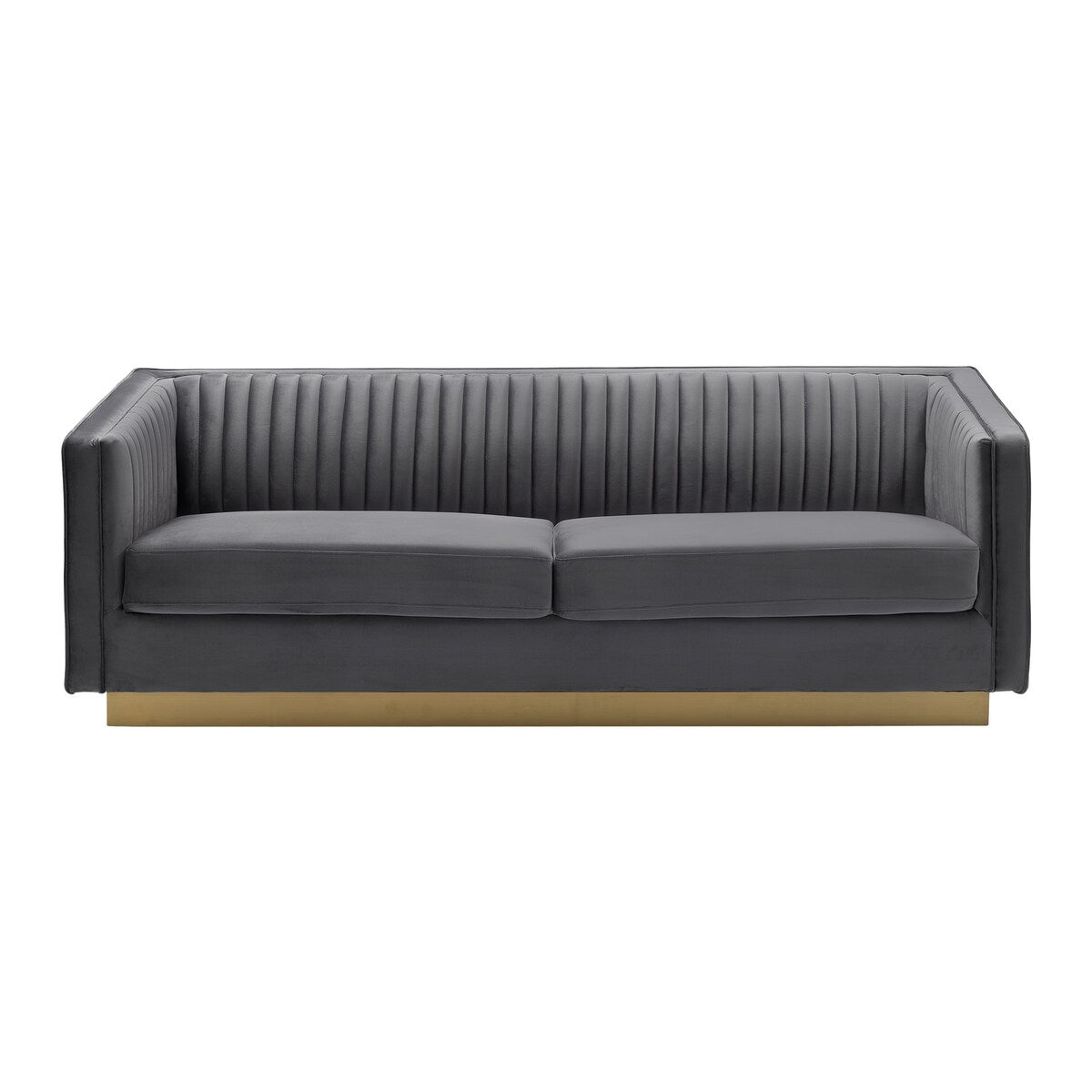 Vertical Channel Tufted Fabric Sofa with Plinth Base, Gray and Gold