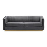 Vertical Channel Tufted Fabric Sofa with Plinth Base, Gray and Gold
