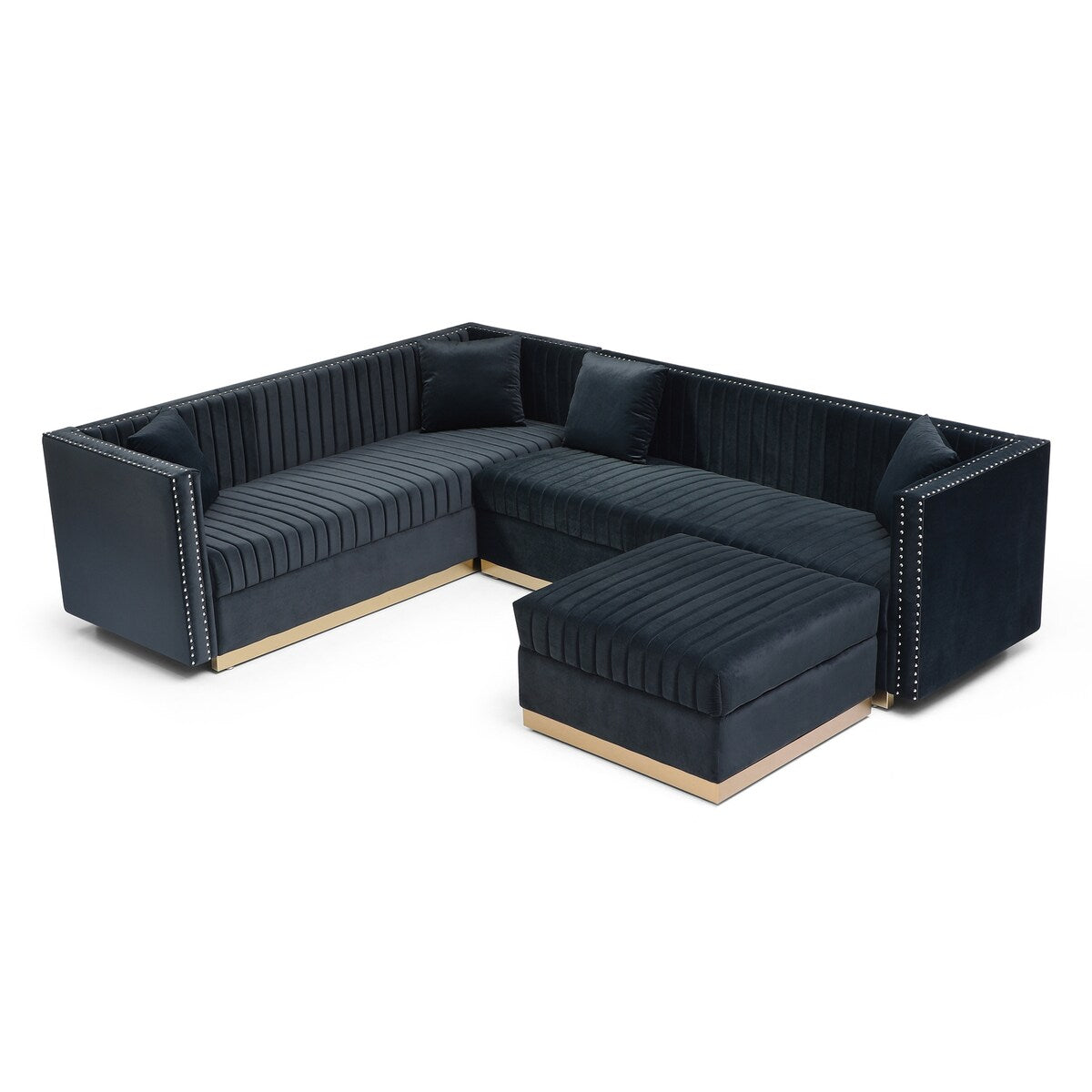 Vertical Channel Tufted Velvet Sectional Sofa, L-Shaped Upholstered Corner Couch with Ottoman and 4 Pillows, Nailhead Trimming