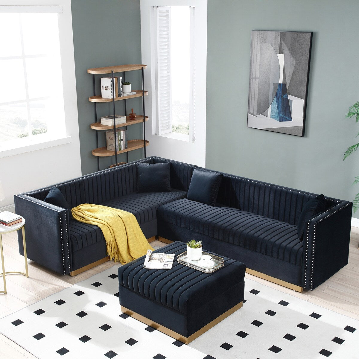 Vertical Channel Tufted Velvet Sectional Sofa, L-Shaped Upholstered Corner Couch with Ottoman and 4 Pillows, Nailhead Trimming