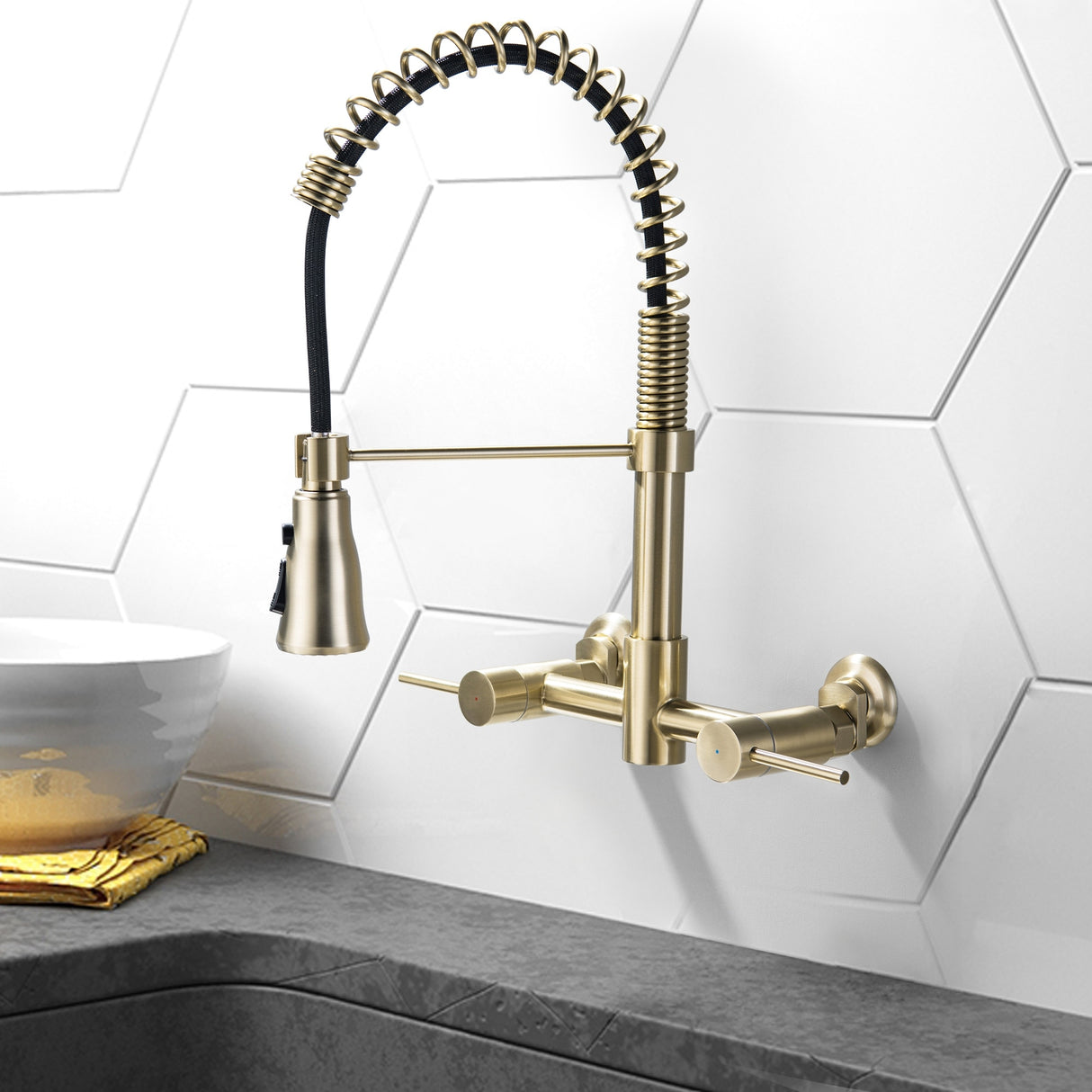 Vertical Two Handles Kitchen Faucet Pull-Down Spray in Gold/Black