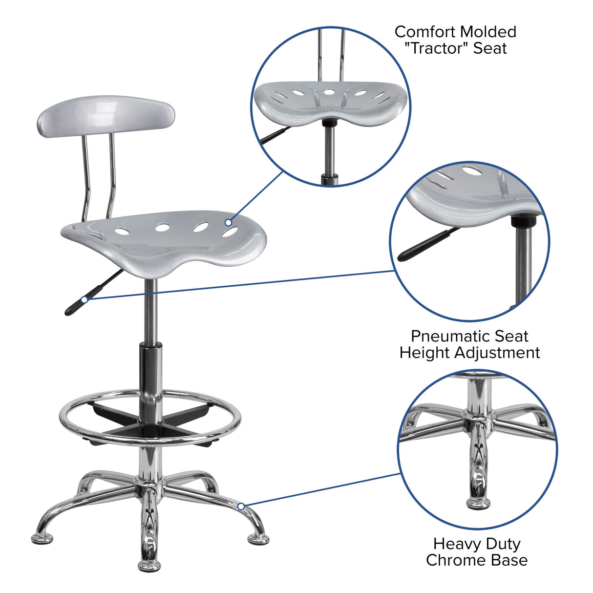 Vibrant Chrome Tractor Seat Drafting Stool