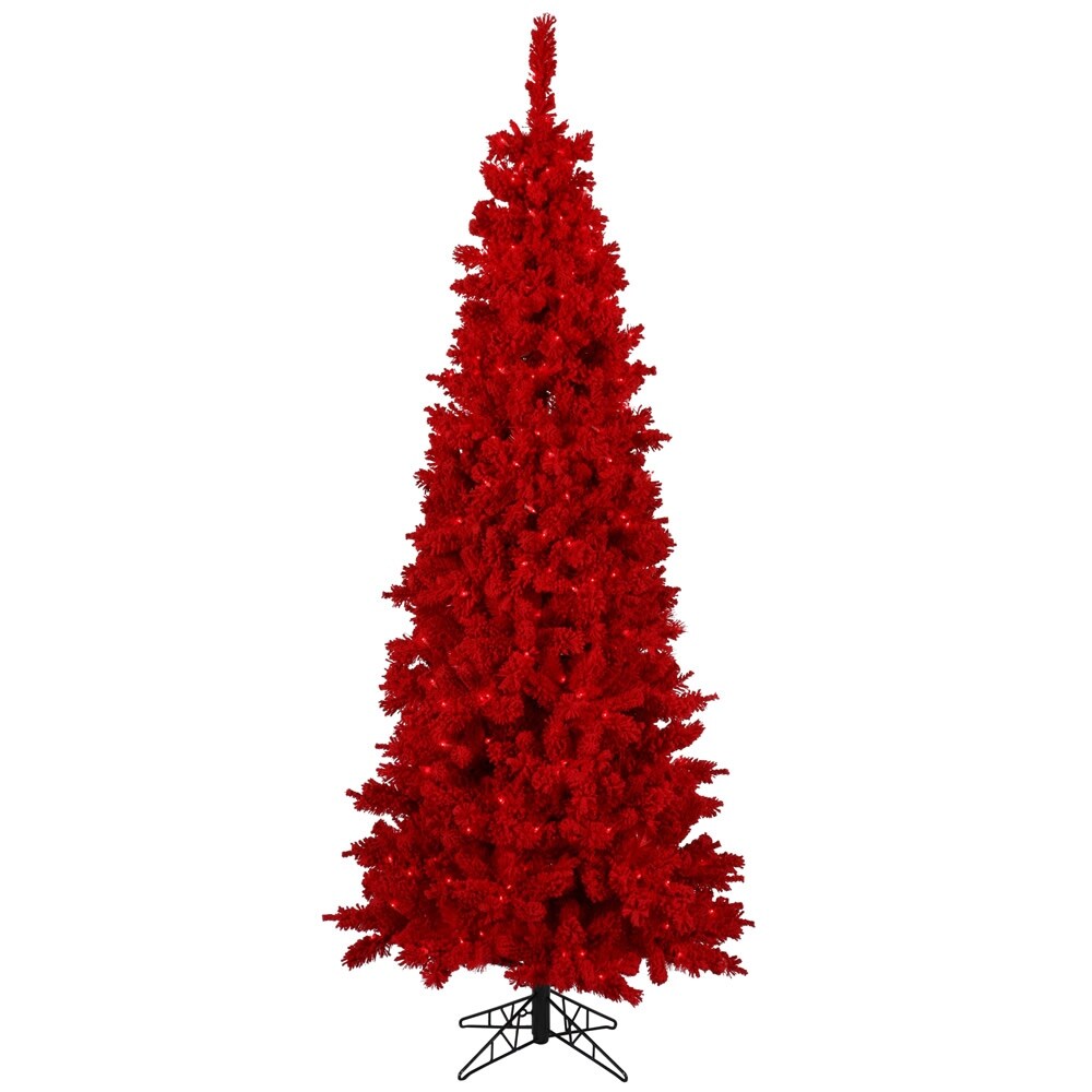 Vickerman 4.5' Flocked Red Slim Fir Artificial Christmas Tree, Red Dura-lit LED Lights