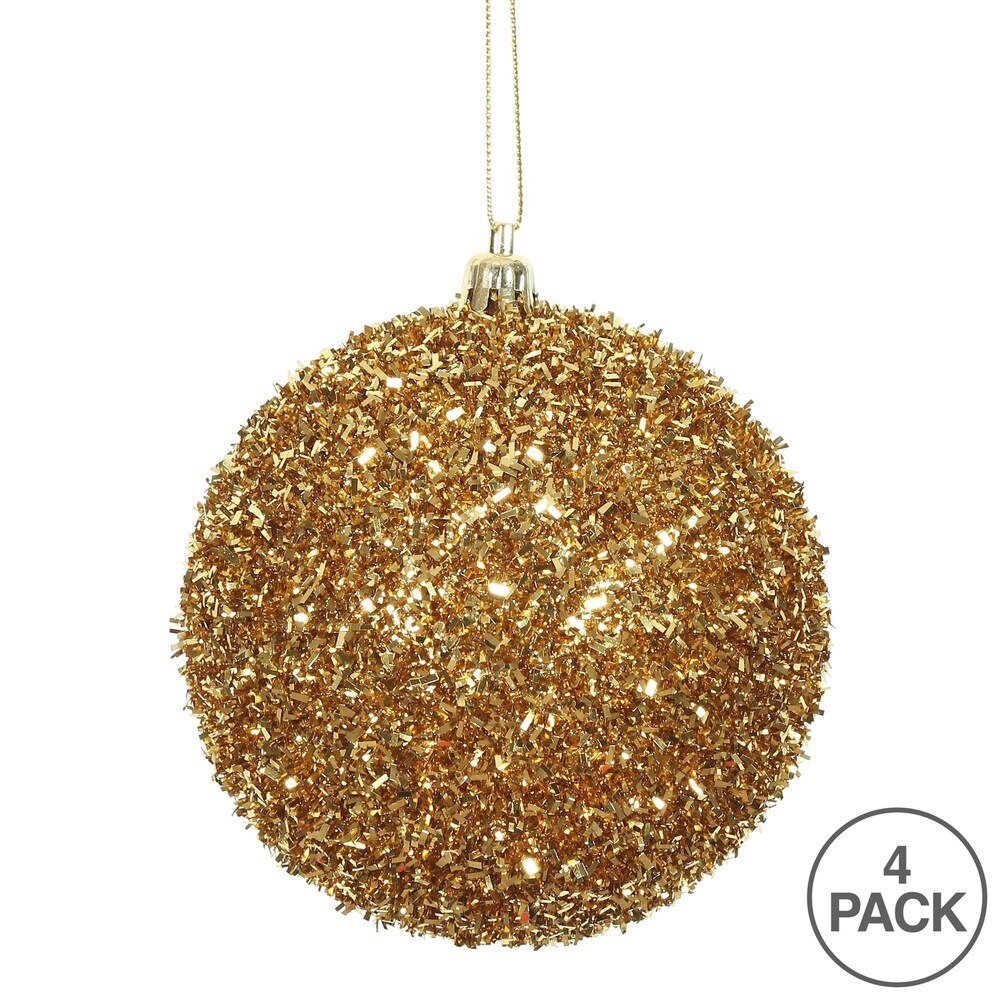 Vickerman 4" Antique Gold Tinsel Ball Ornament, 4 per Bag