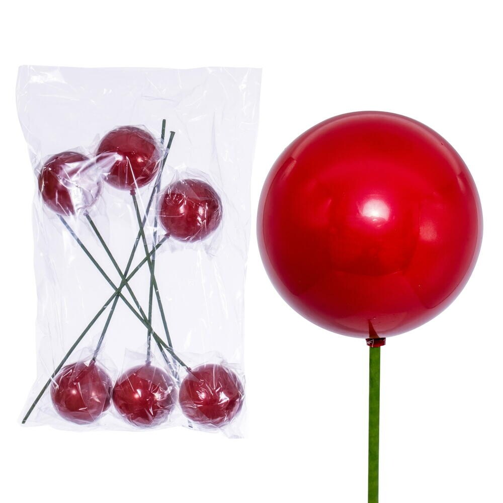 Vickerman 4" x 18" Red Pearl Ball Ornament Stick, 6 per bag. - 4" x 18"
