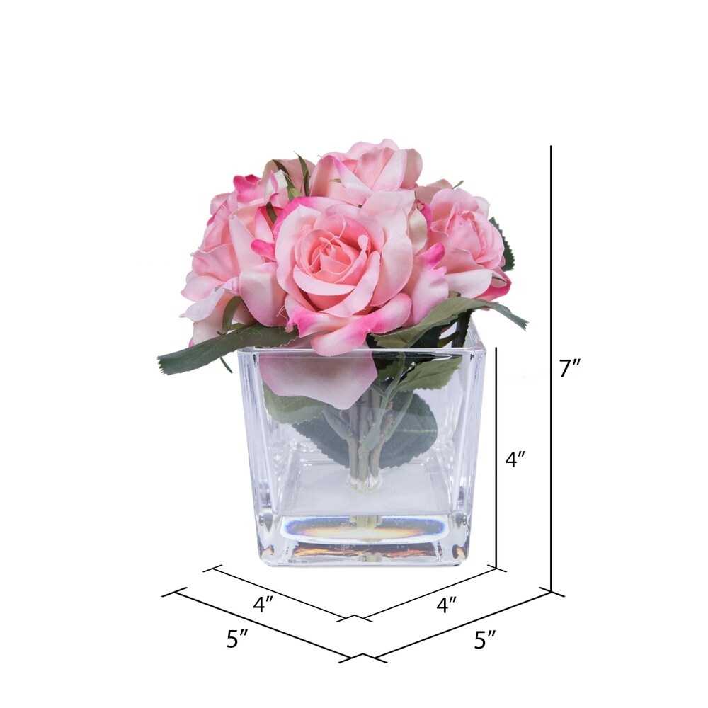 Vickerman 7" Artificial Pink Rose Bundle in Glass Cube, 3 Piece Set