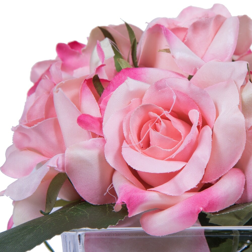 Vickerman 7" Artificial Pink Rose Bundle in Glass Cube, 3 Piece Set