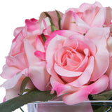 Vickerman 7" Artificial Pink Rose Bundle in Glass Cube, 3 Piece Set